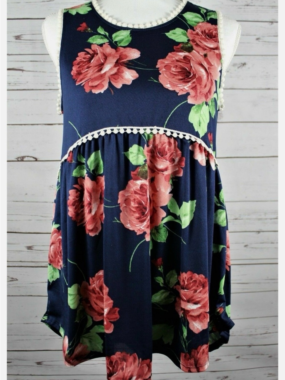 Navy Floral Sleeveless Women's Top with Crochet Trim